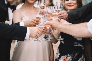 Menschen auf einer Hochzeit stehen in einem Kreis und stoßen mit Sektgläsern an